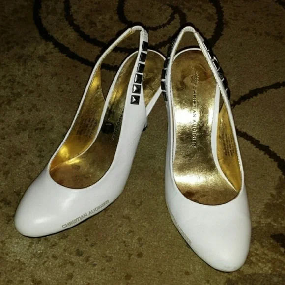 Vintage Christian Audigier white leather rhinestone heels shoes - Picture 3 of 4